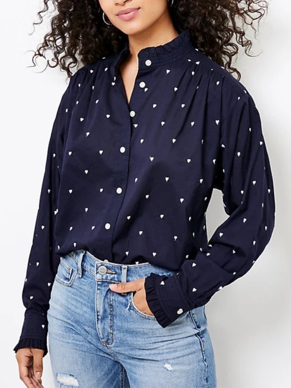 Loft Heart Embroidered Long Sleeve Ruffle Trim Navy  Blouse size L